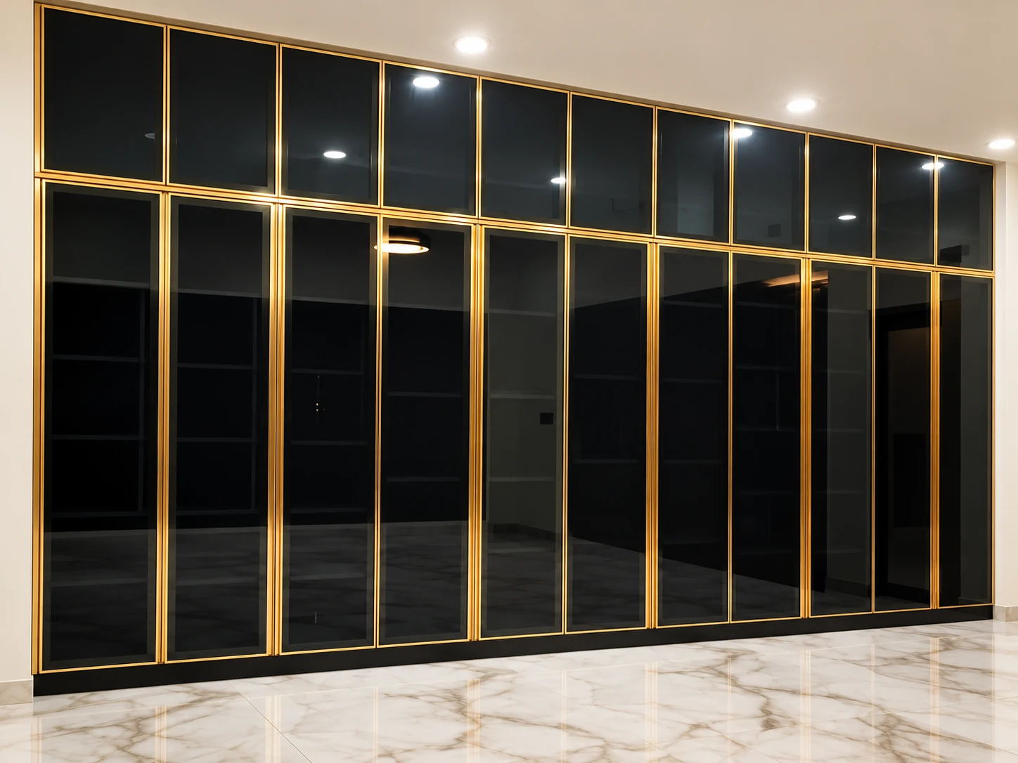 Smoked glass wardrobe with gold aluminium frames