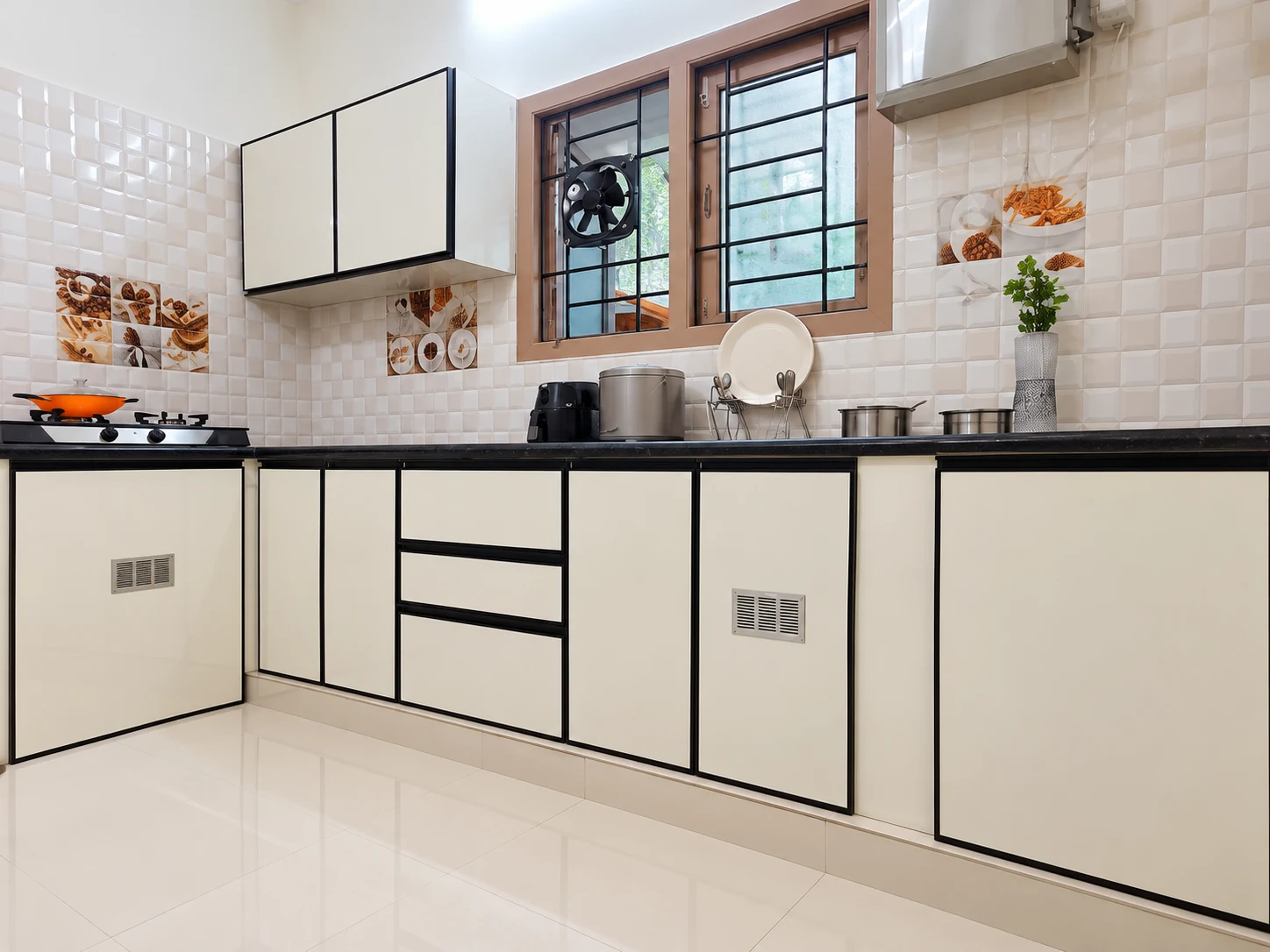 White kitchen cabinet doors with dark edging