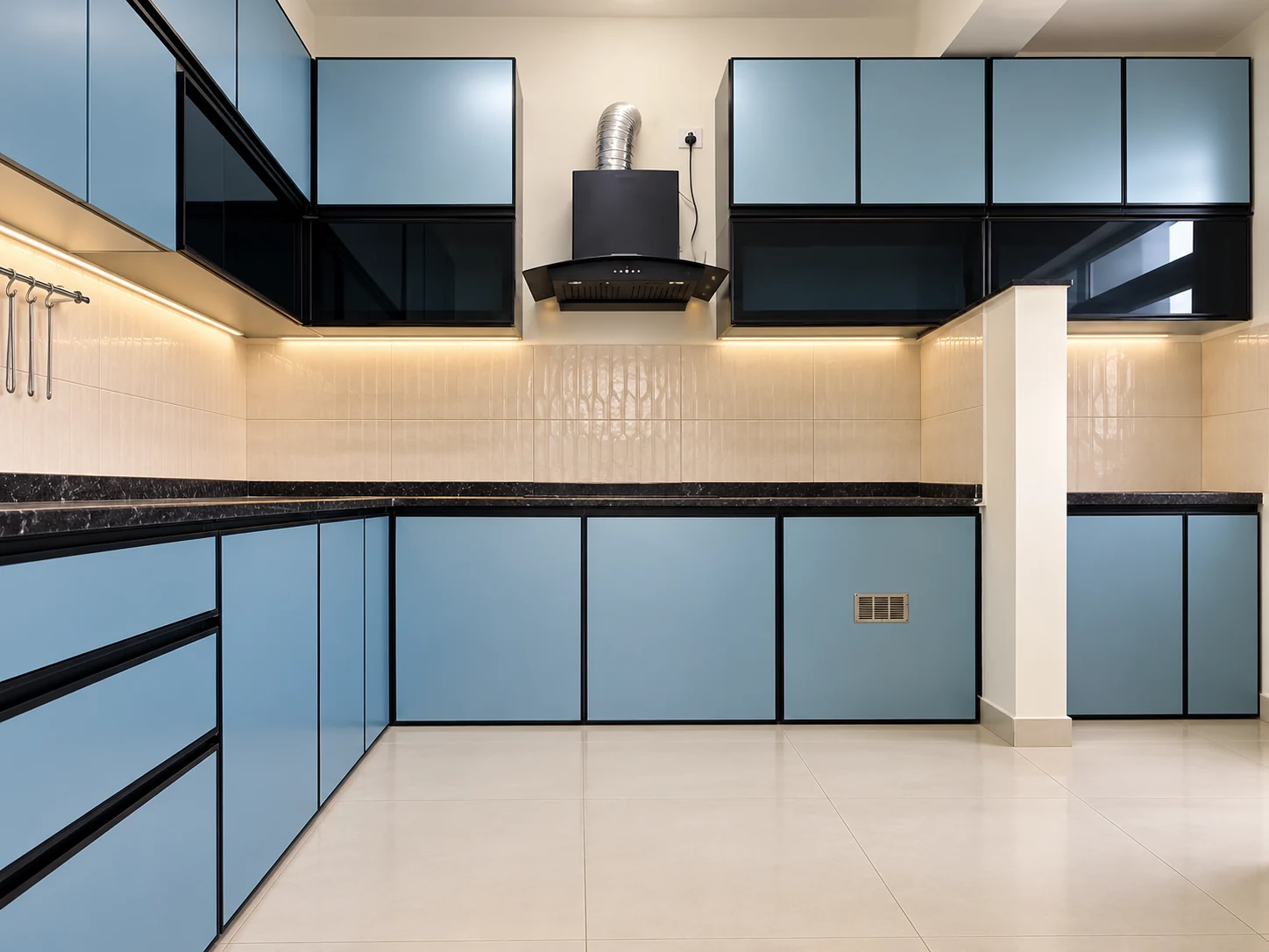 Blue and black kitchen cabinetry